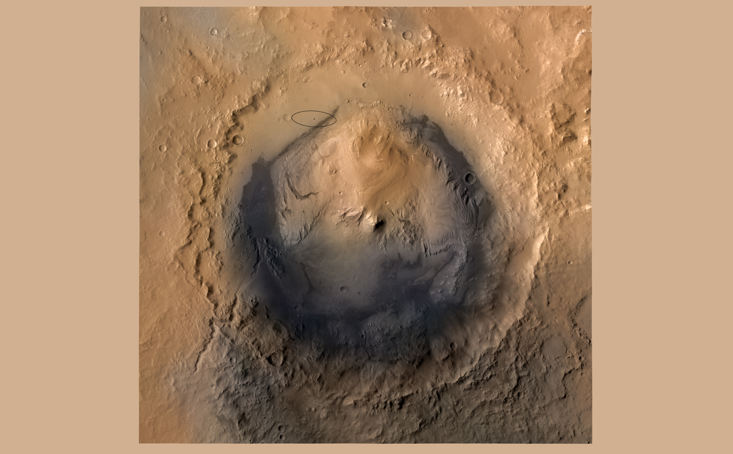 As of June 2012, the target landing area for NASA's Mars Science Laboratory mission is the ellipse marked on this image of Gale Crater.