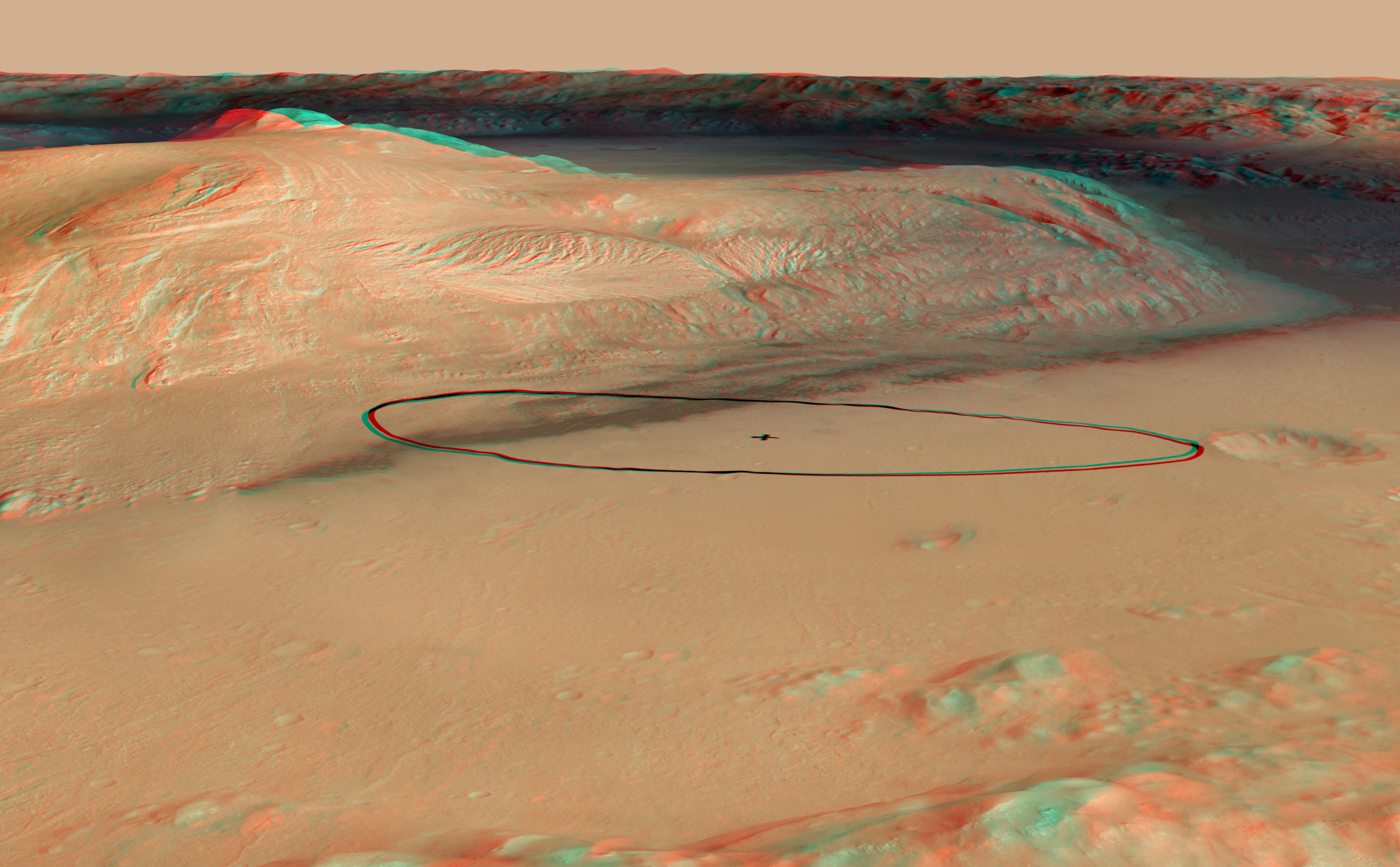 As of June 2012, the target landing area for Curiosity, the rover of NASA's Mars Science Laboratory mission, is the ellipse marked on this image, about 12 miles long and 4 miles wide (20 kilometers by 7 kilometers).