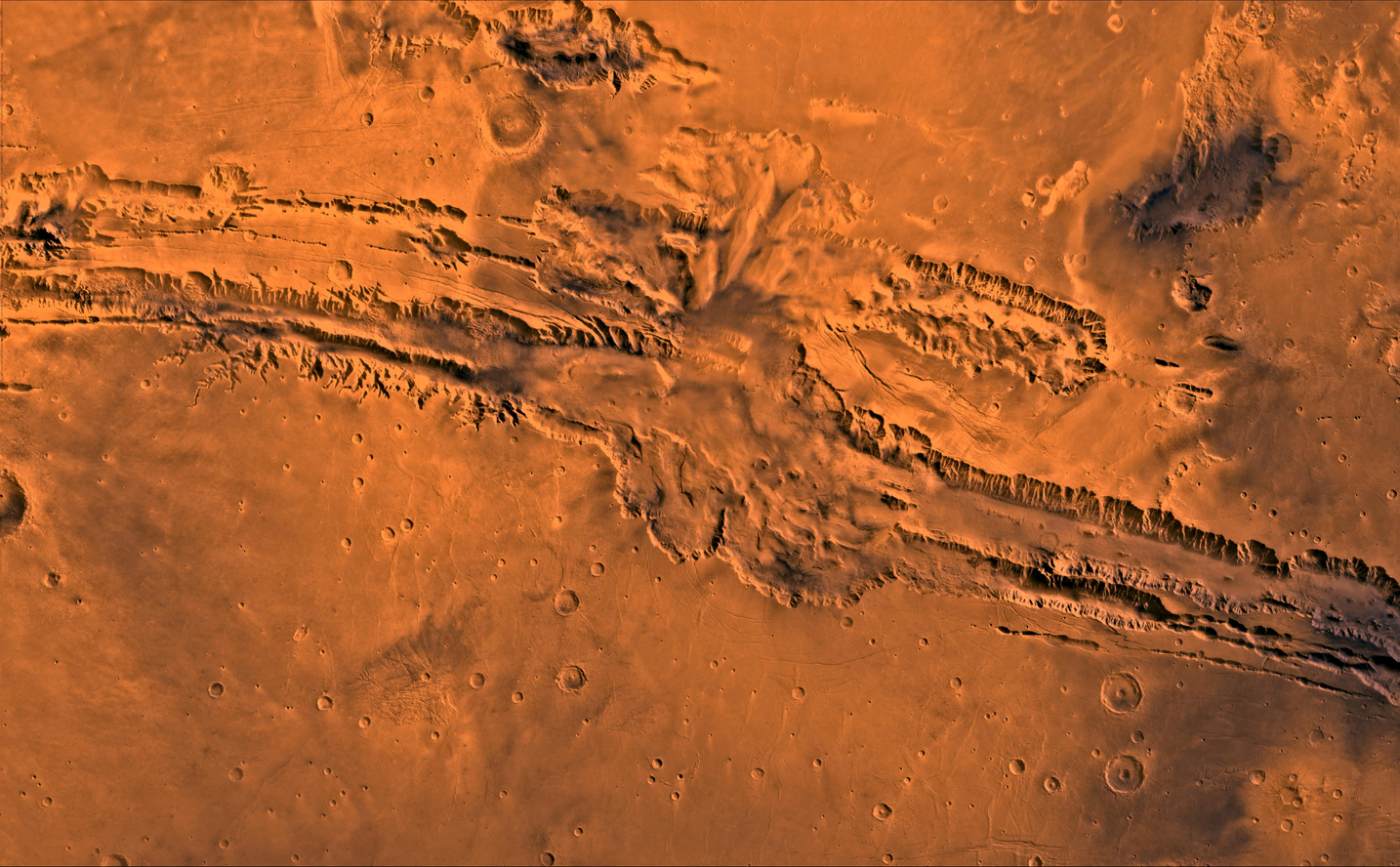 A color image of Valles Marineris, the great canyon of Mars; north toward top.