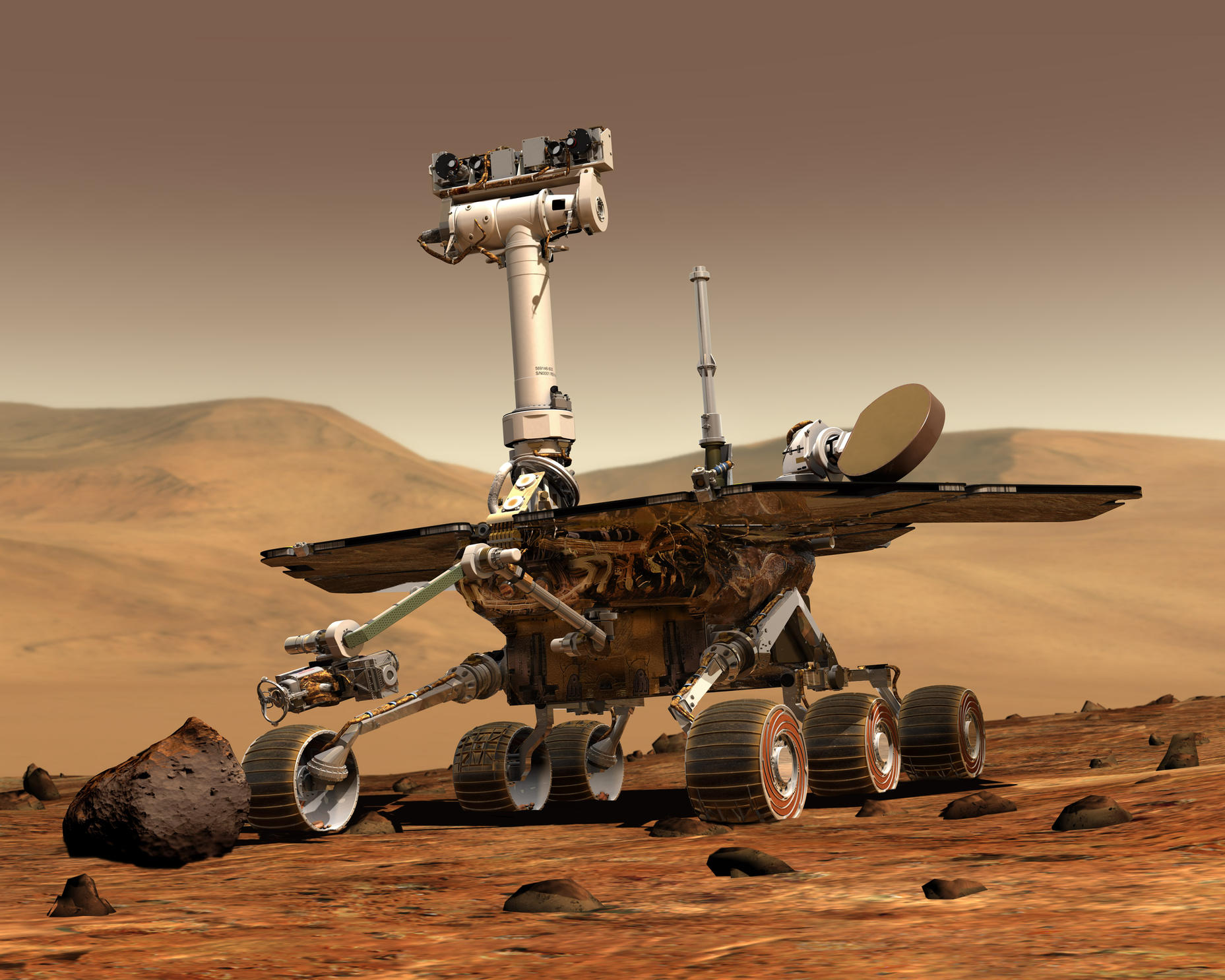 An artist's concept portrays a NASA Mars Exploration Rover on the surface of Mars. Two rovers were launched in 2003 and arrived at sites on Mars in January 2004. Each rover was built to have the mobility and toolkit for functioning as a robotic geologist.