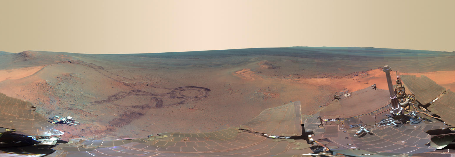 This full-circle scene combines 817 images taken by the panoramic camera (Pancam) on Opportunity.