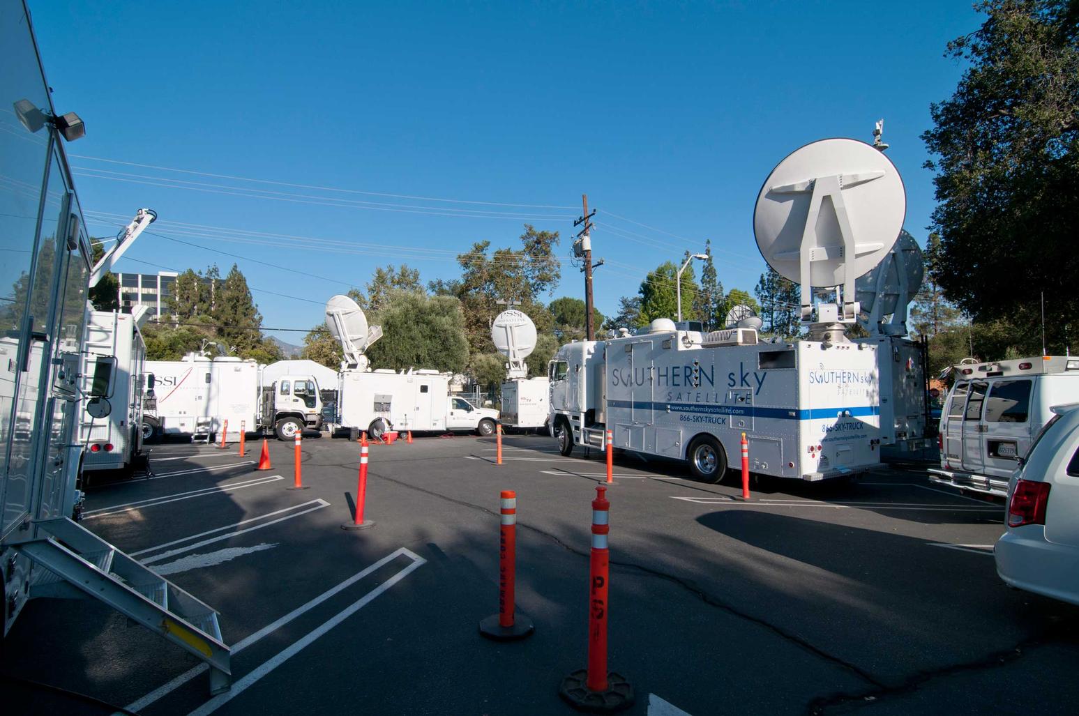 Satellite news trucks crowd the parking lots at NASA's Jet Propulsion Laboratory in Pasadena, Calif., on Aug. 5, 2012, in preparation for the Curiosity rover's landing on Mars.