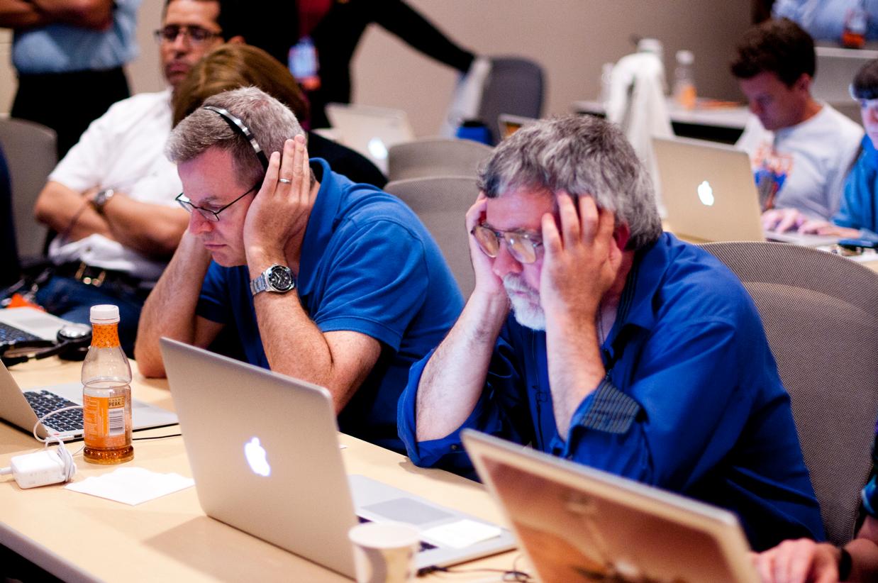 Scientists listen intently for status updates prior to Curiosity's landing.