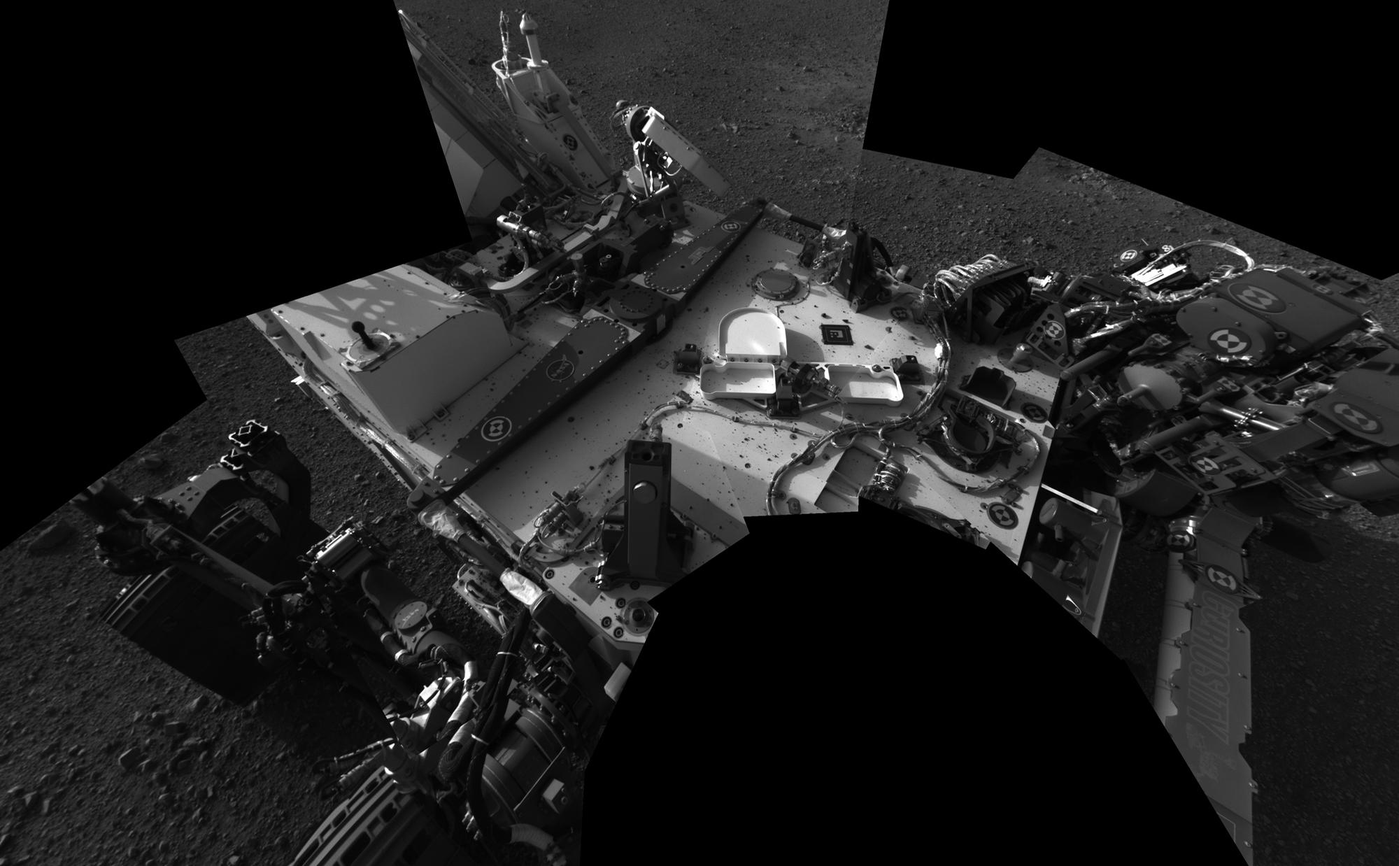 This full-resolution self-portrait shows the deck of NASA's Curiosity rover from the rover's Navigation cameras.