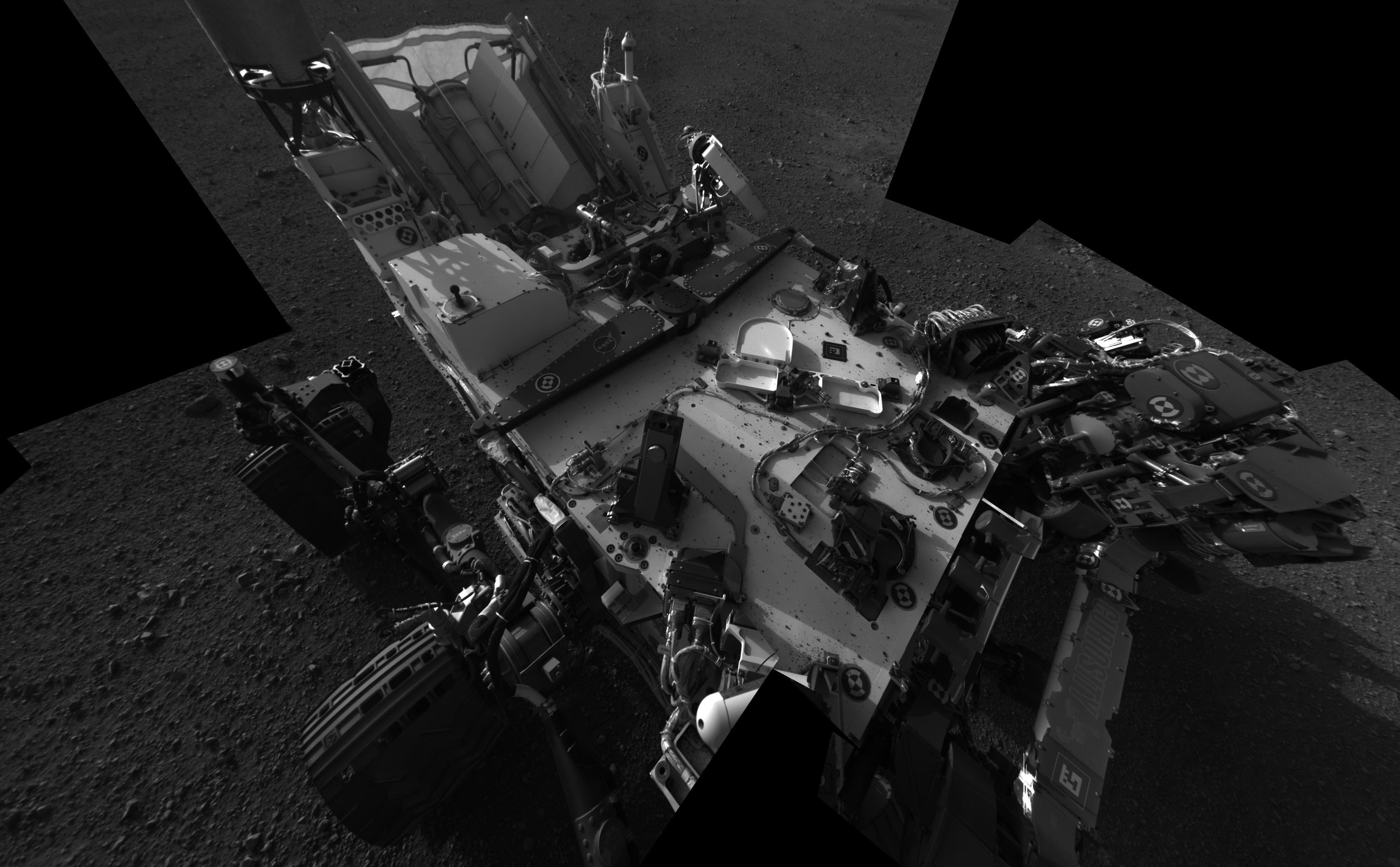 This full-resolution self-portrait shows the deck of NASA's Curiosity rover from the rover's Navigation camera.