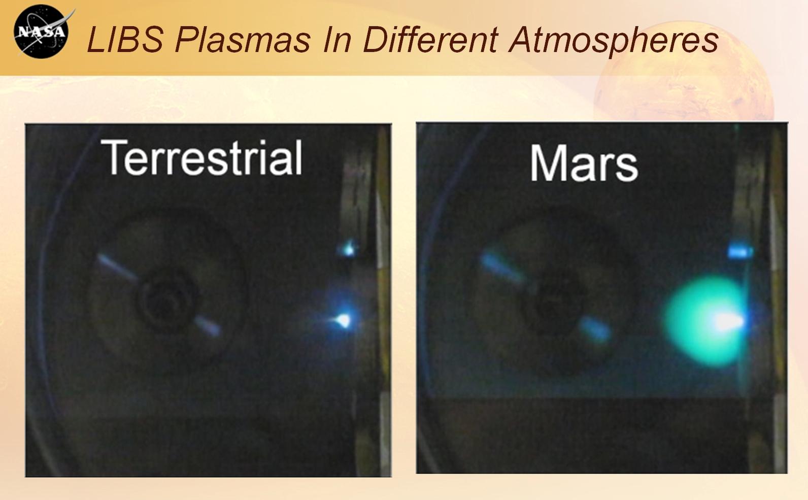 This image shows laser plasmas in a test lab at Los Alamos National Laboratory, N.M., under typical atmospheric pressures on Earth and Mars.