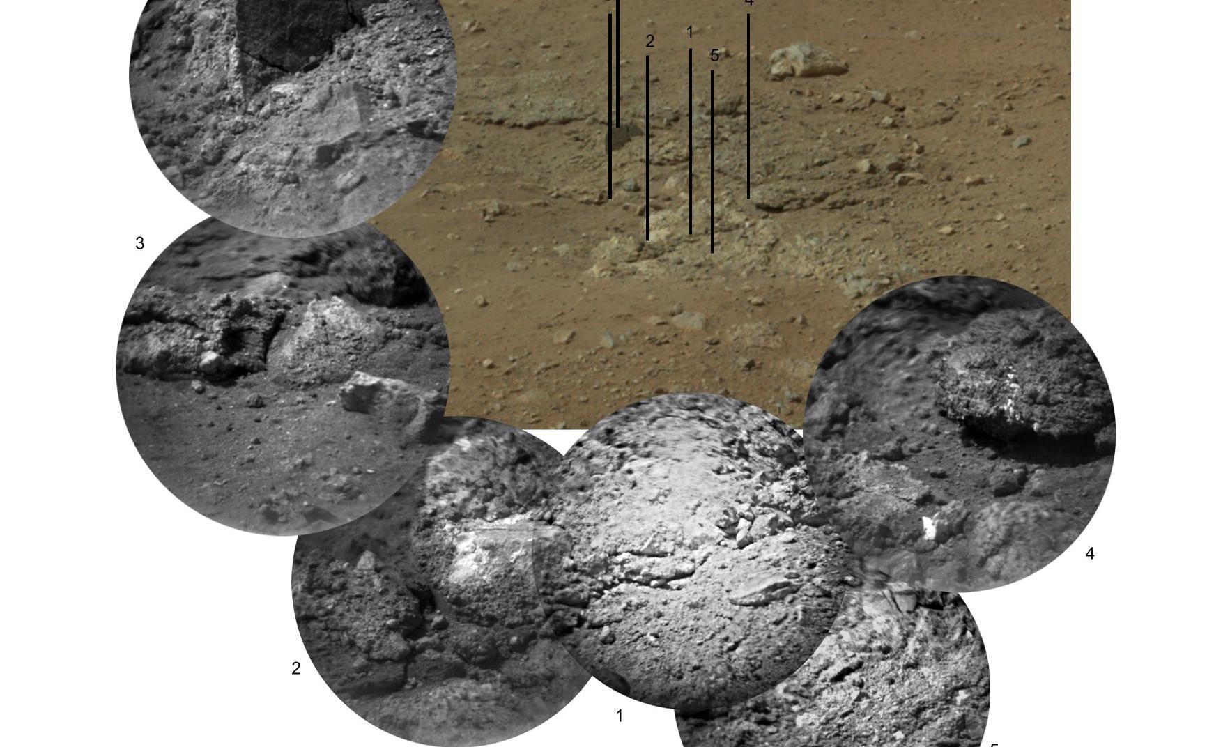 This photo mosaic shows the scour mark, dubbed Goulburn, left by the thrusters on the sky crane that helped lower NASA's Curiosity rover to the Red Planet.
