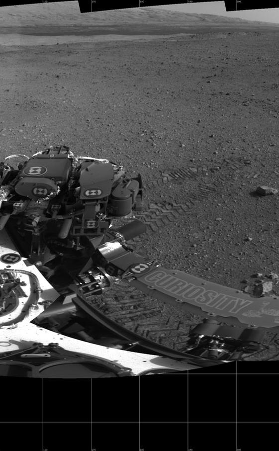This 360-degree panorama shows evidence of a successful first test drive for NASA's Curiosity rover.
