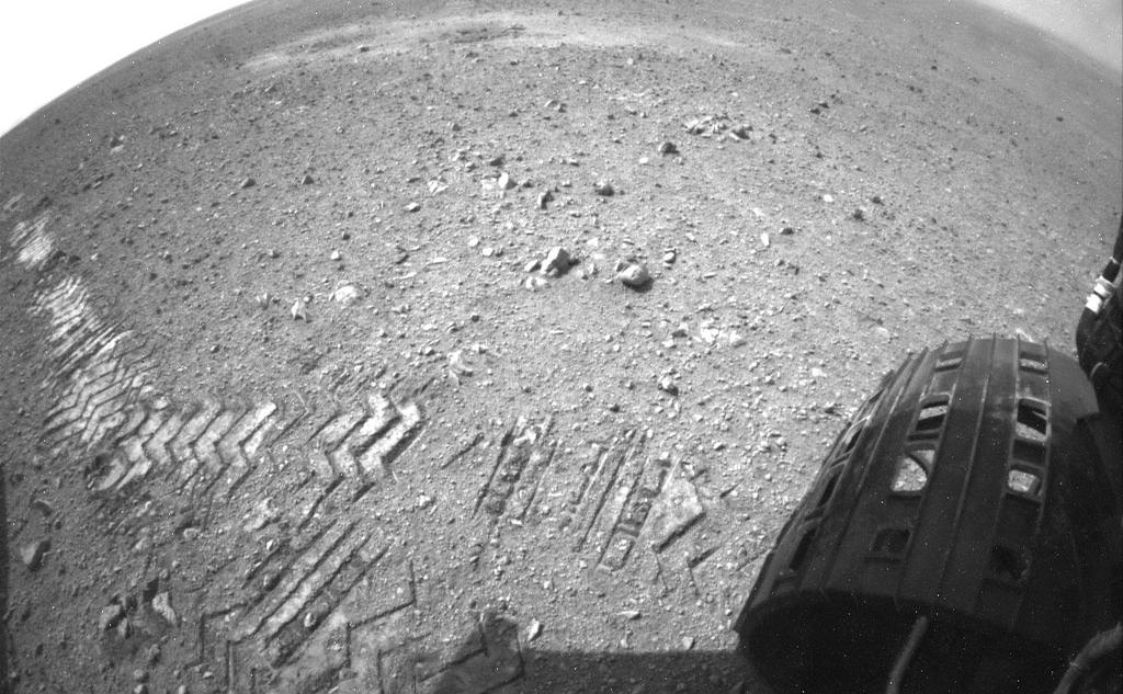This image shows a close-up of track marks left by NASA's Curiosity rover.
