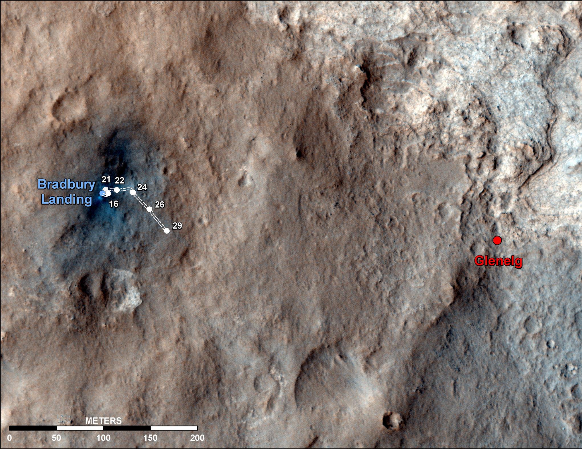This map shows the route driven by NASA's Mars rover Curiosity through the 29th Martian day, or sol, of the rover's mission on Mars (Sept. 4, 2012).