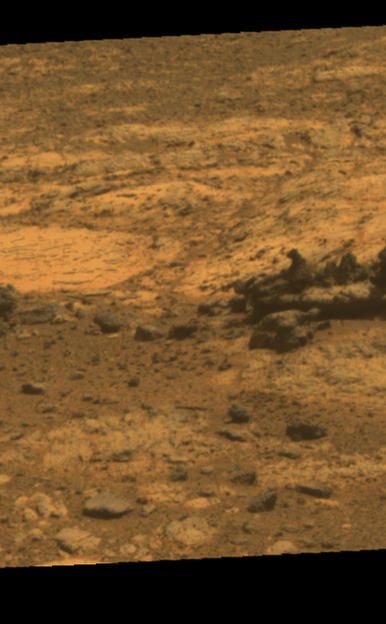 Rock fins up to about 1 foot (30 centimeters) tall dominate this scene from the panoramic camera (Pancam) on NASA's Mars Exploration Rover Opportunity.