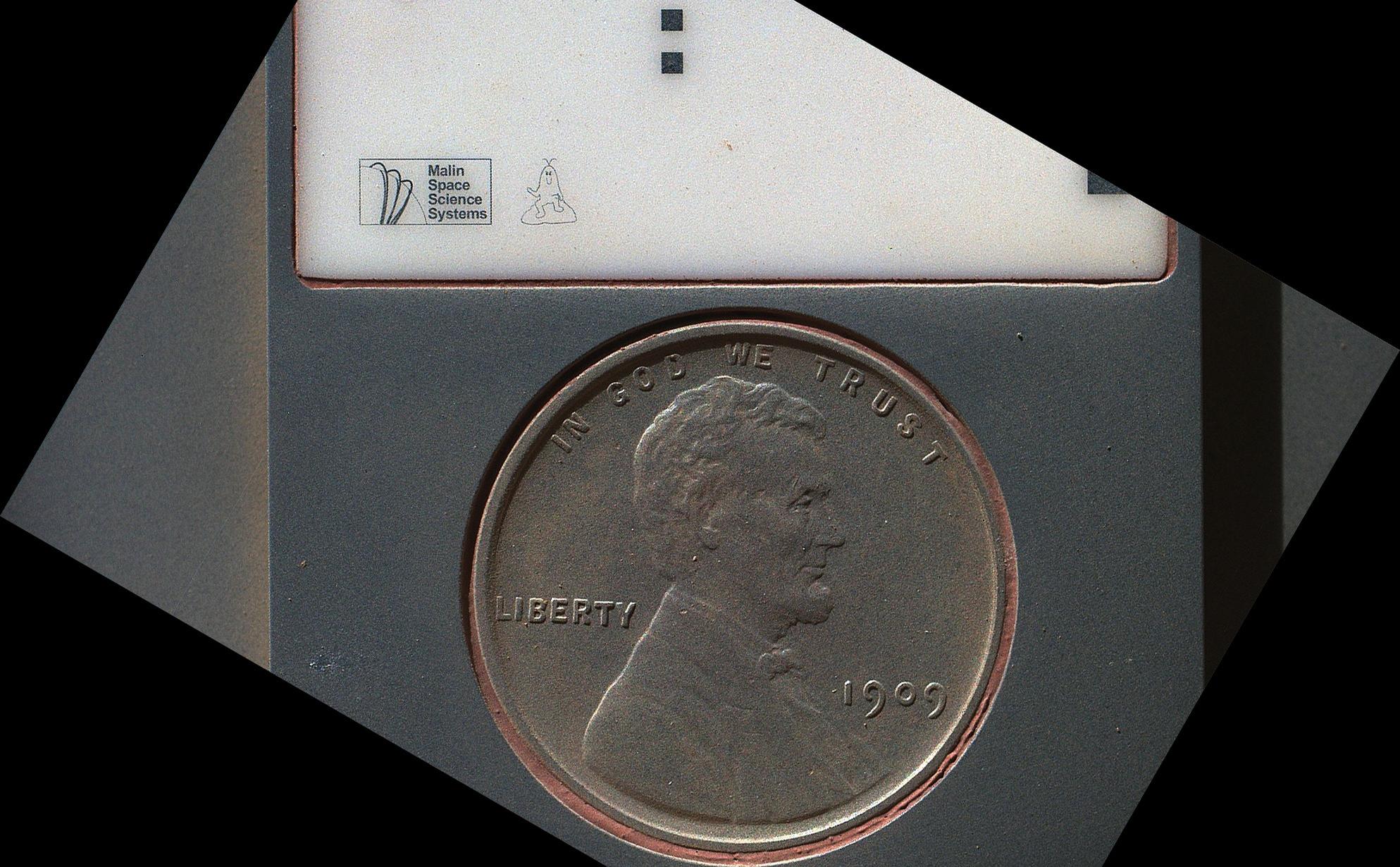The penny in this image is part of a camera calibration target on NASA's Mars rover Curiosity.