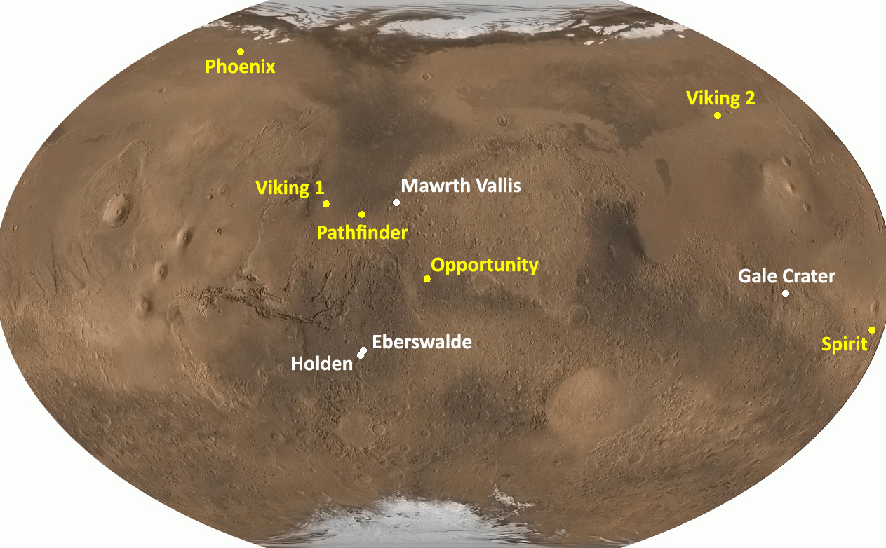 This image shows a globe of Mars with the locations of the four proposed landing sites noted in white font and the locations of prior landed missions in yellow font.  Prior landed missions include:  Viking 1 and 2, Pathfinder, Spirit, Opportunity, and Phoenix.  Proposed MSL landing sites include:  Mawrth Vallis, Gale Crater, Holden Crater, and Eberswalde Crater.