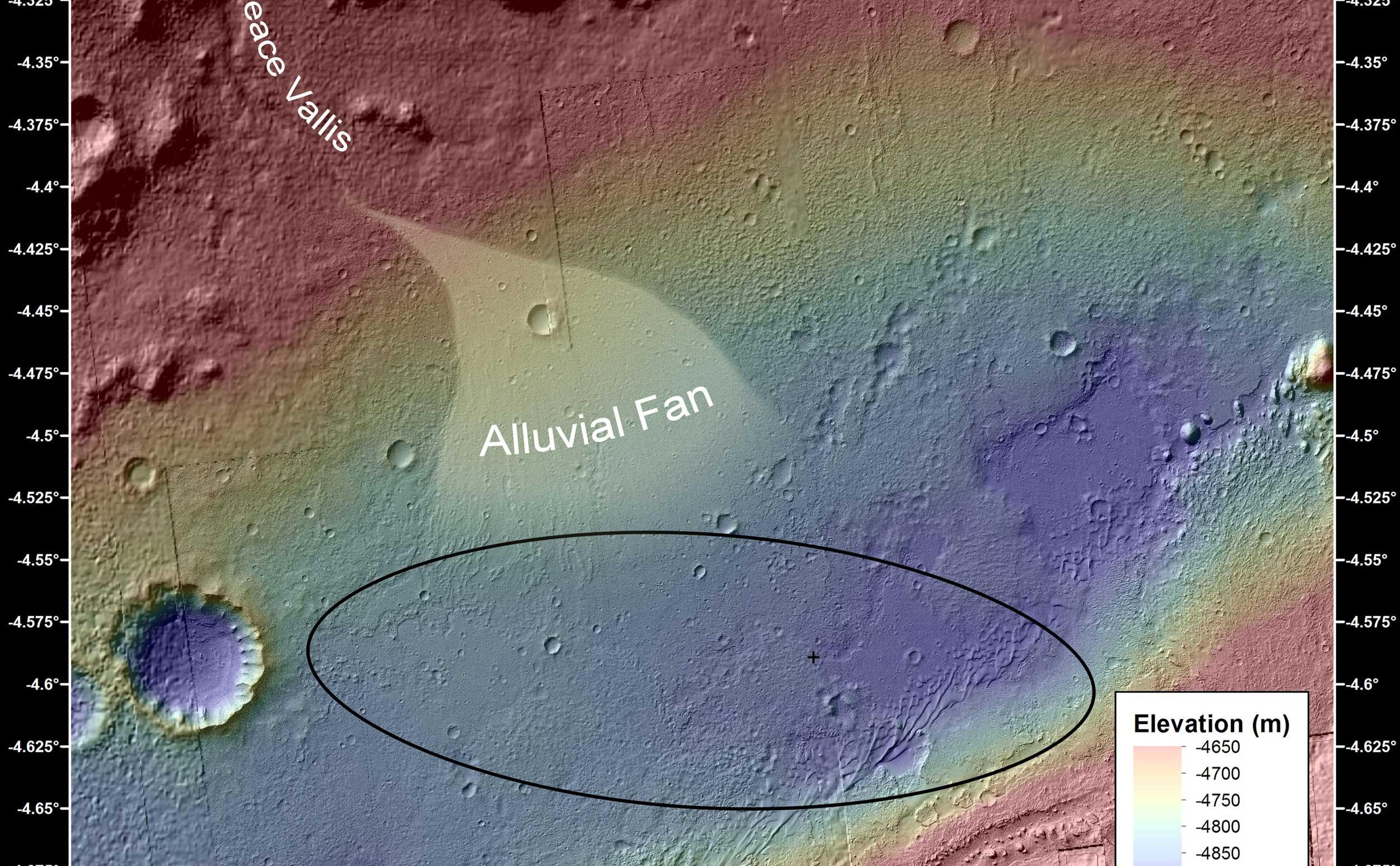 This image shows the topography, with shading added, around the area where NASA's Curiosity rover landed on Aug. 5 PDT (Aug. 6 EDT).