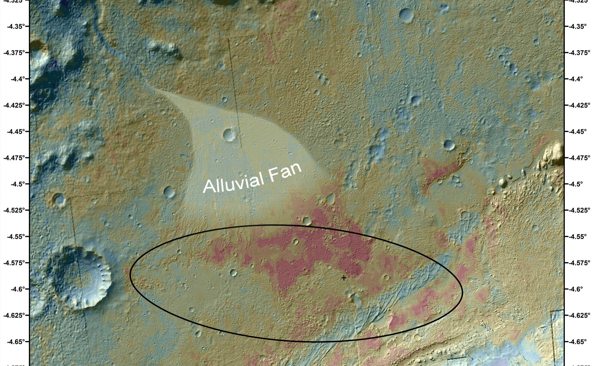 This false-color map shows the area within Gale Crater on Mars, where NASA's Curiosity rover landed on Aug. 5, 2012 PDT (Aug. 6, 2012 EDT).