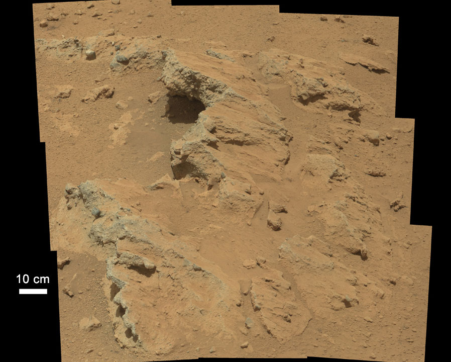 NASA's Curiosity rover found evidence for an ancient, flowing stream on Mars at a few sites, including the rock outcrop pictured here, which the science team has named "Hottah" after Hottah Lake in Canada's Northwest Territories.