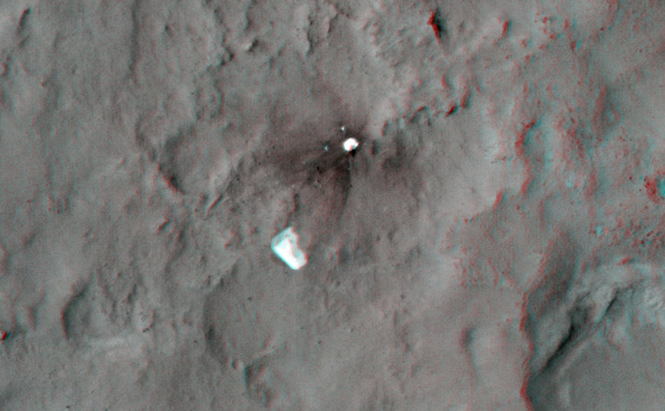 This 3D, or stereo anaglyph, view shows the parachute and back shell that helped guide NASA's Curiosity to the surface of Mars.