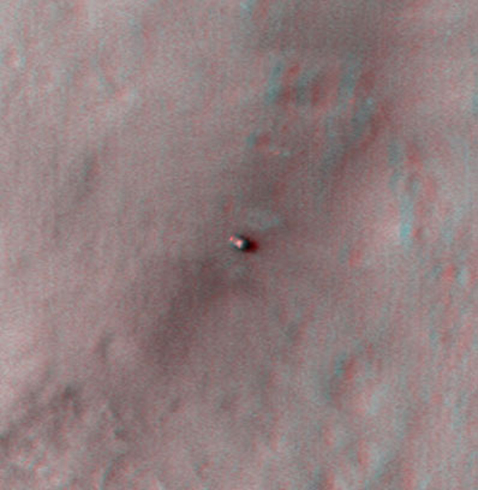 This 3D, or stereo anaglyph, view shows NASA's Mars rover Curiosity where it landed on Mars within Gale Crater, at a site now called Bradbury Landing.