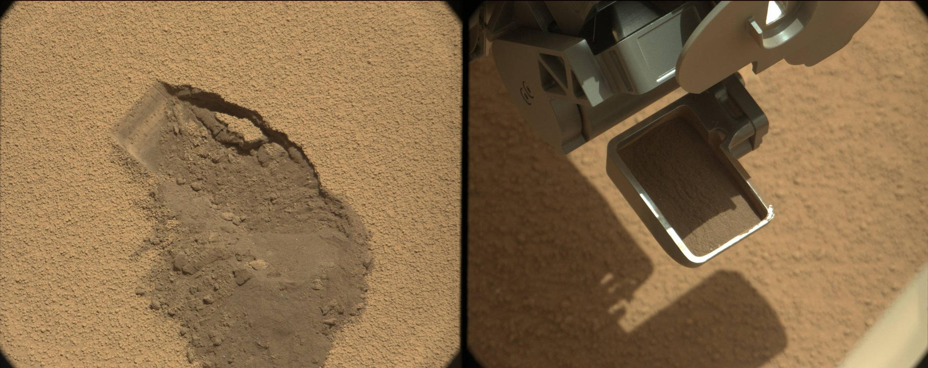 This pairing illustrates the first time that NASA's Mars rover Curiosity collected a scoop of soil on Mars.