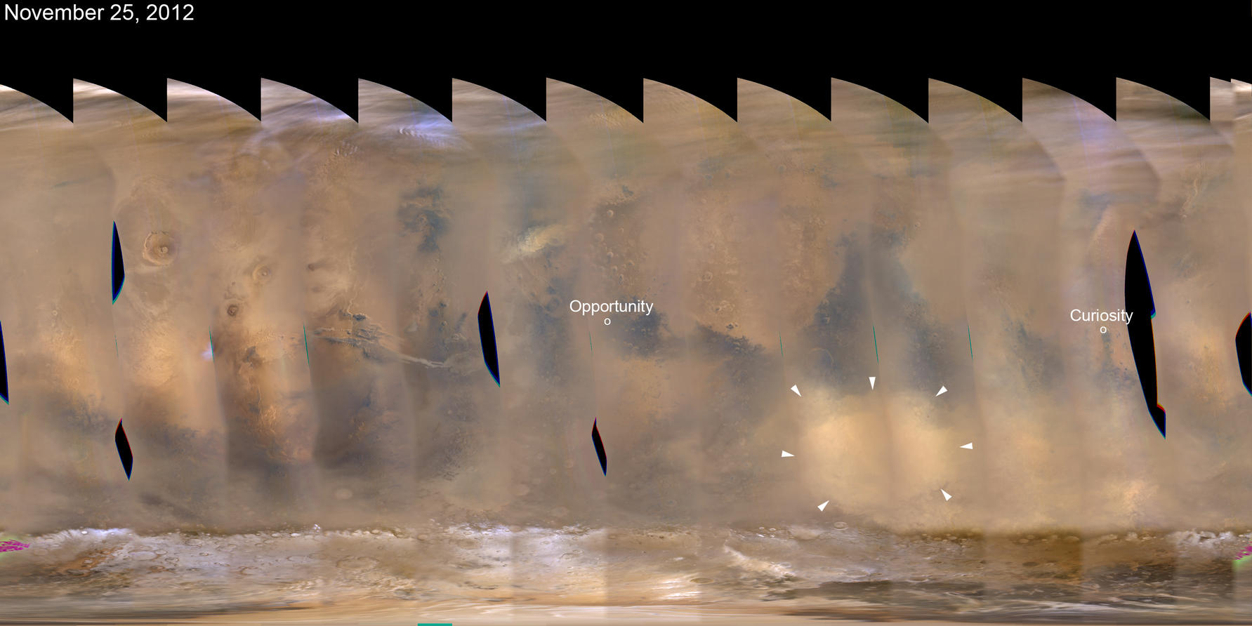 A regional dust storm visible in the southern hemisphere of Mars in this nearly global mosaic of observations made by the Mars Color Imager on NASA's Mars Reconnaissance Orbiter on Nov. 25, 2012.
