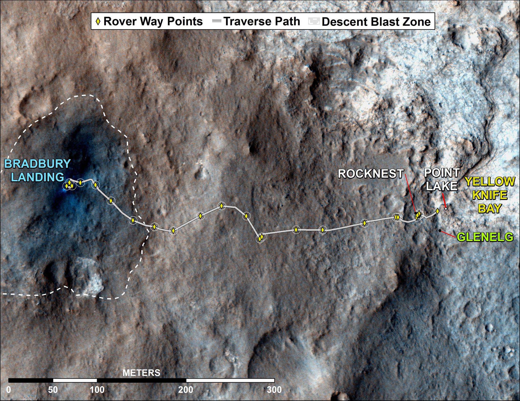 This map shows where NASA's Mars rover Curiosity has driven since landing at a site subsequently named "Bradbury Landing," and traveling to an overlook position near beside "Point Lake," in drives totaling 1,703 feet (519 meters).
