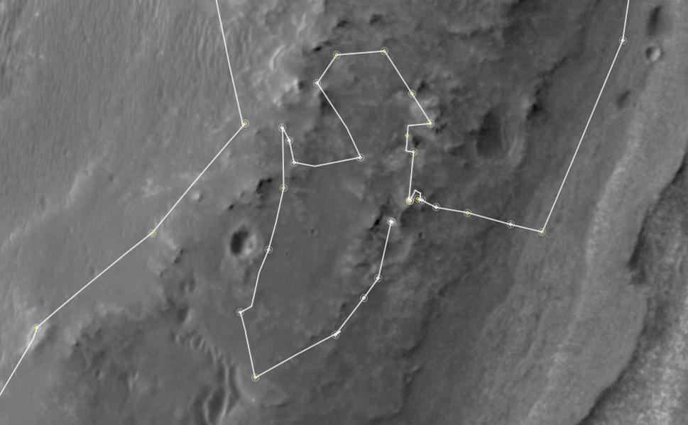 This map shows the route driven by NASA's Mars Exploration Rover Opportunity during a reconnaissance circuit around an area of interest called "Matijevic Hill" on the rim of a large crater.