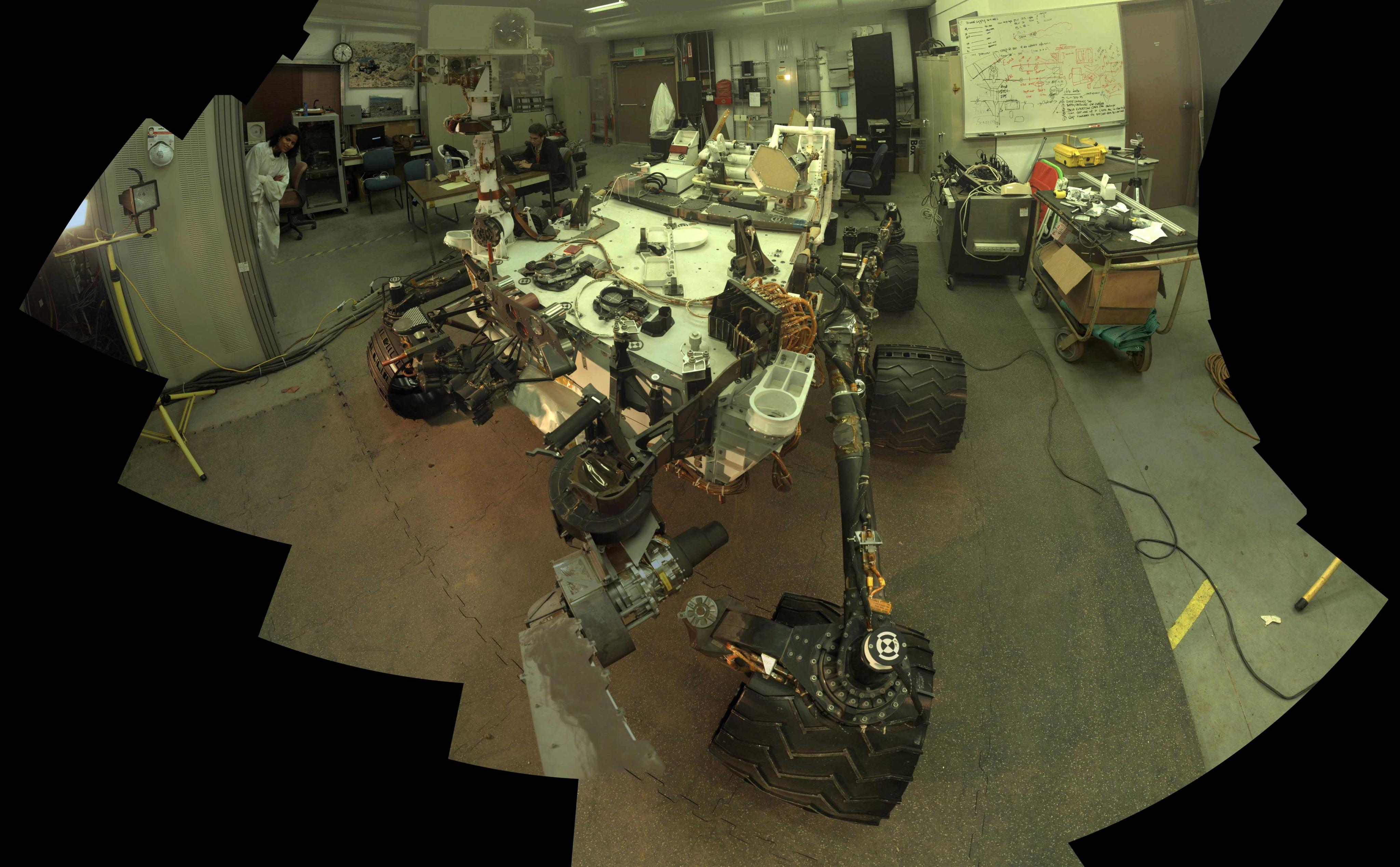 Camera and robotic-arm maneuvers for taking a self-portrait of the NASA Curiosity rover on Mars were checked first, at NASA's Jet Propulsion Laboratory in Pasadena, Calif., using the main test rover for the Curiosity.