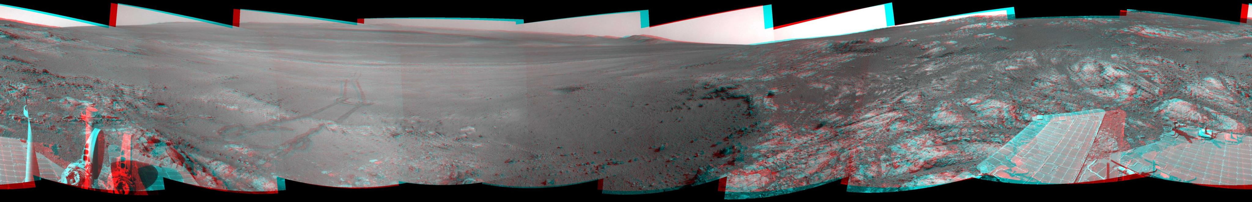 This full-circle, stereo panorama shows the terrain around the NASA Mars Exploration Rover Opportunity during the 3,071st Martian day, or sol, of the rover's work on Mars (Sept. 13, 2012).