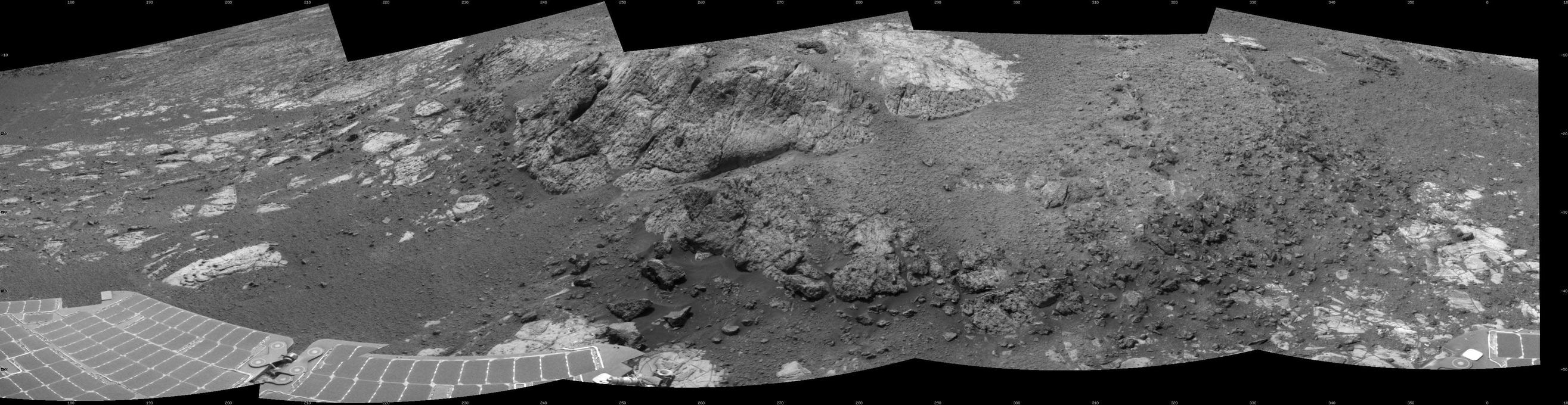 This 180-degree mosaic of images from the navigation camera on the NASA Mars Exploration Rover Opportunity shows terrain near the rover during the 3,153rd Martian day, or sol, of the rover's work on Mars (Dec. 6, 2012).