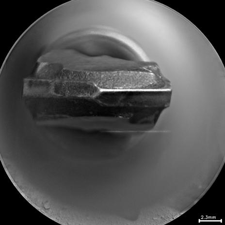 This head-on view shows the tip of the drill bit on NASA's Mars rover Curiosity.