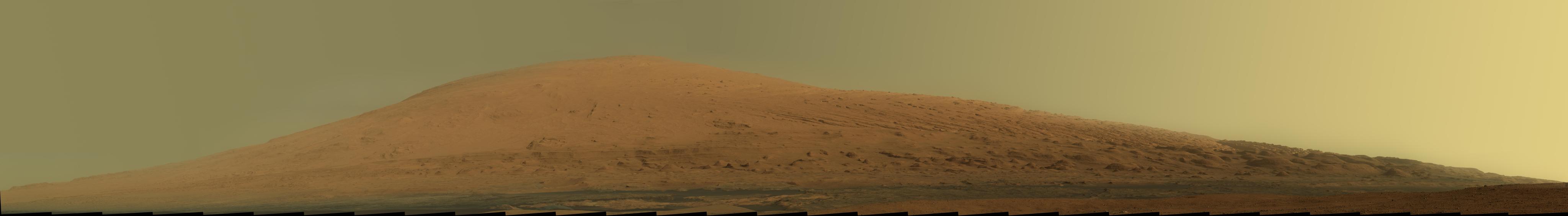 This mosaic of images from the Mast Camera (Mastcam) on NASA's Mars rover Curiosity shows Mount Sharp in raw color as recorded by the camera.