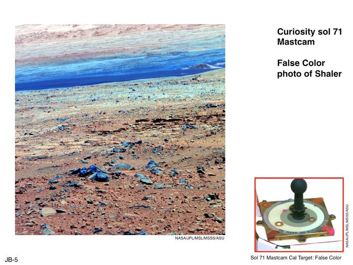 This image of terrain inside Mars' Gale Crater and the inset of the calibration target for the Mast Camera (Mastcam) on NASA's Mars rover Curiosity illustrate how false color can be used to make differences more evident in the materials in the scene.