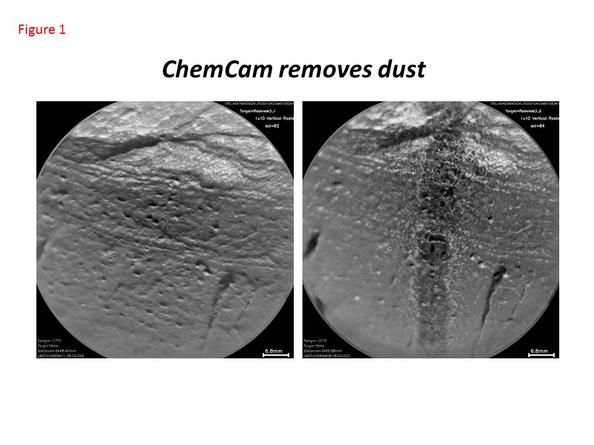 This pair of images taken a few minutes apart show how laser firing by NASA's Mars rover Curiosity removes dust from the surface of a rock.