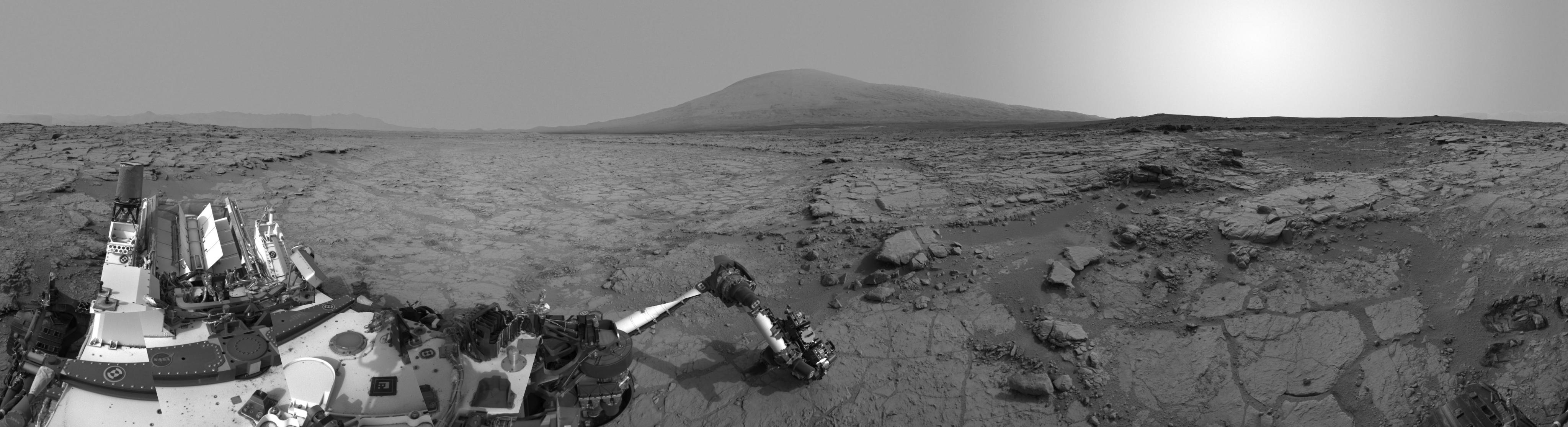 This right-eye member of a stereo pair of images from the Navigation Camera (Navcam) on NASA's Curiosity Mars rover shows a full 360-degree view of the rover's surroundings at the site where it first drilled into a rock.