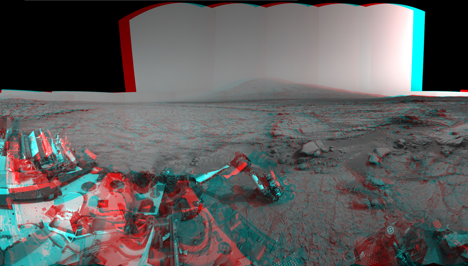 Left and right eyes of the Navigation Camera (Navcam) in NASA's Curiosity Mars rover took the dozens of images combined into this stereo scene of the rover and its surroundings.