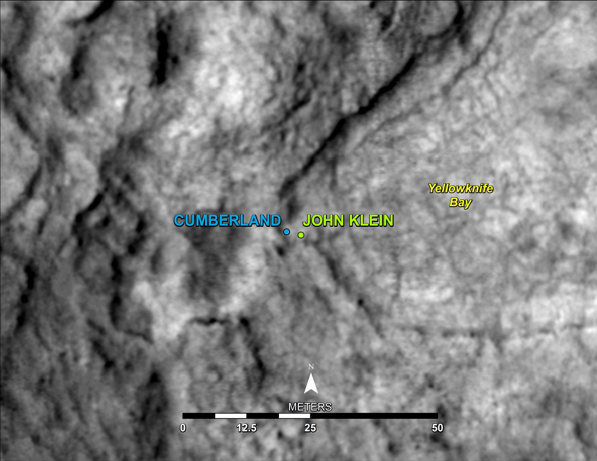 This map shows the location of "Cumberland," the second rock-drilling target for NASA's Mars rover Curiosity, in relation to the rover's first drilling target, "John Klein," within the southwestern lobe of a shallow depression called "Yellowknife Bay."