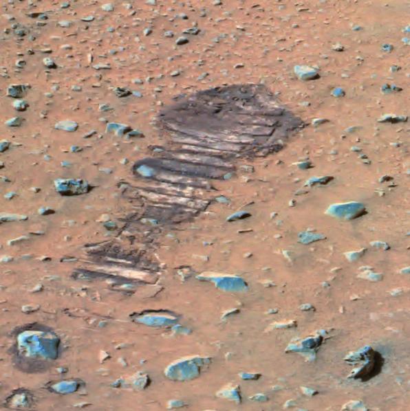 This mosaic was acquired on Sol 36 (February 8, 2004) by the Spirit rover's panoramic camera (Pancam).  Spirit performed measurements on a rock called "Adirondack," which is visible at the top of this mosaic. This false color image brings out subtle color differences in the scene.
