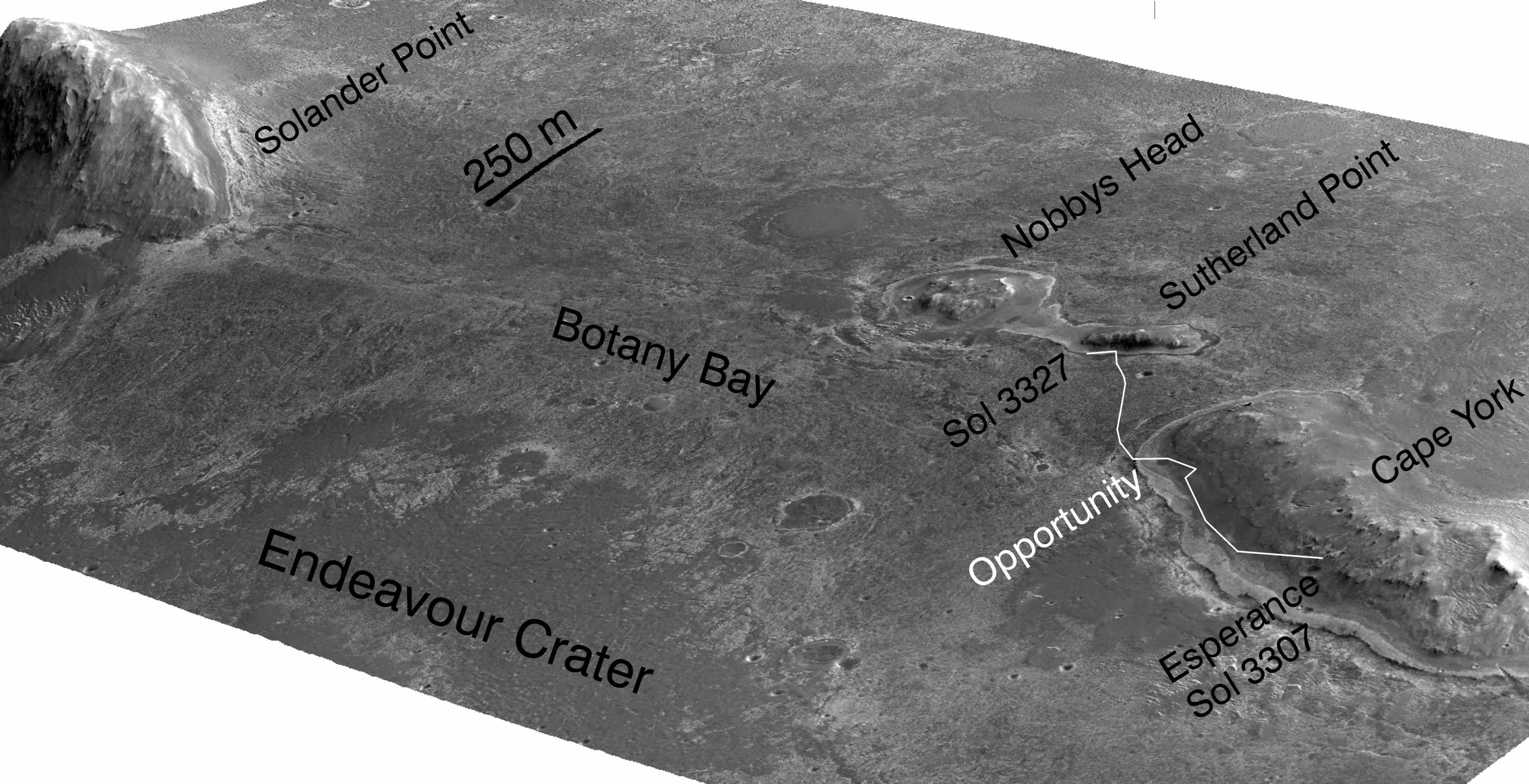 A stereo pair of images from taken from Mars orbit were used to generate a digital elevation model that is the basis for this simulated perspective view of "Cape York," "Botany Bay," and "Solander Point" on the western rim of Endeavour Crater.