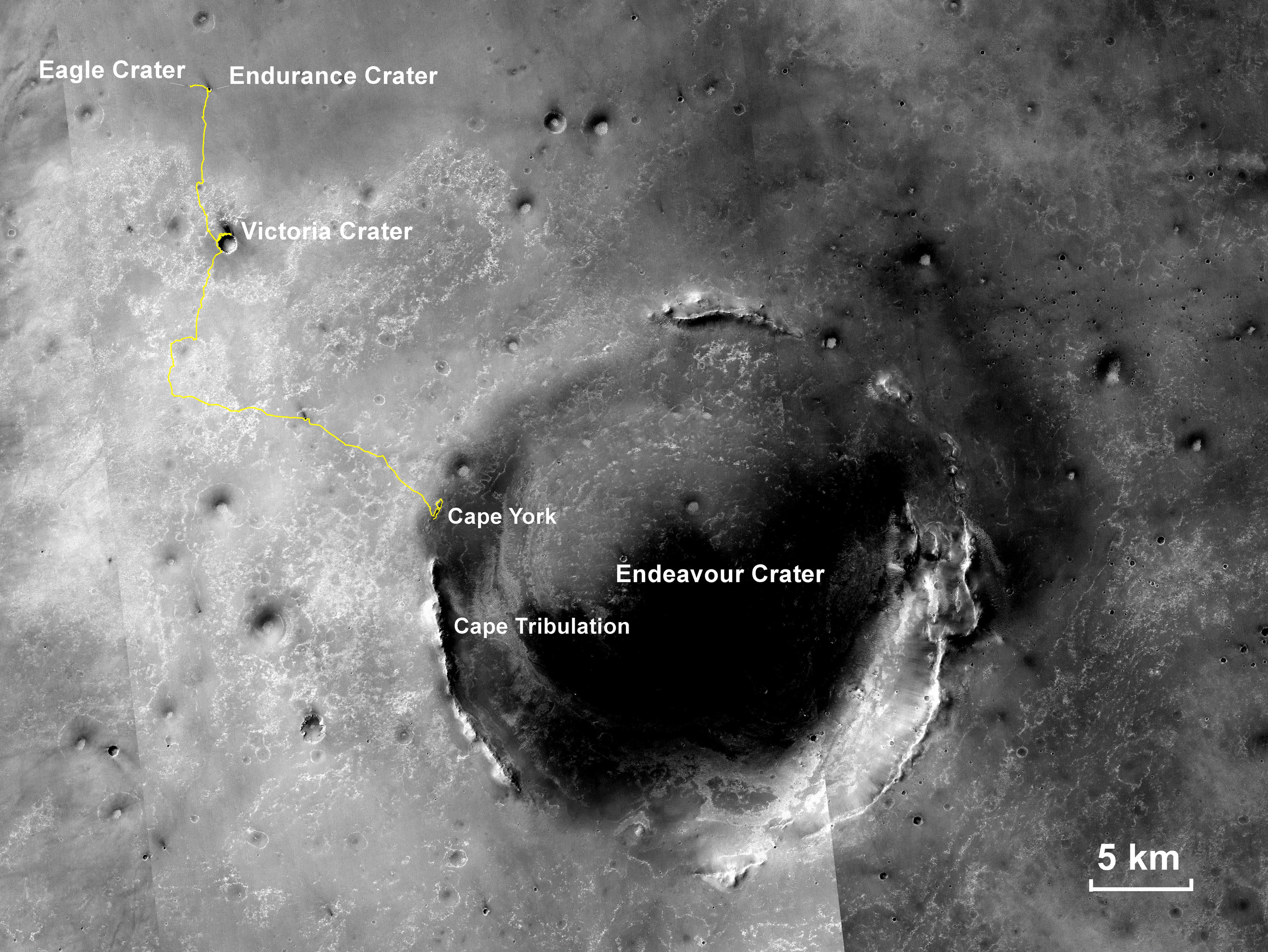 This map shows the 22.553-mile (36.295-kilometer) route driven by NASA's Mars Exploration Rover Opportunity from the site of its landing, inside Eagle crater at the upper left, to its location more than 112 months later, in late May 2013, departing the "Cape York" section of the rim of Endeavour crater.