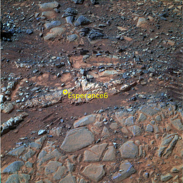 This image from the panoramic camera (Pancam) on NASA's Mars Exploration Rover Opportunity shows a pale rock called "Esperence," which was inspected by the rover in May 2013