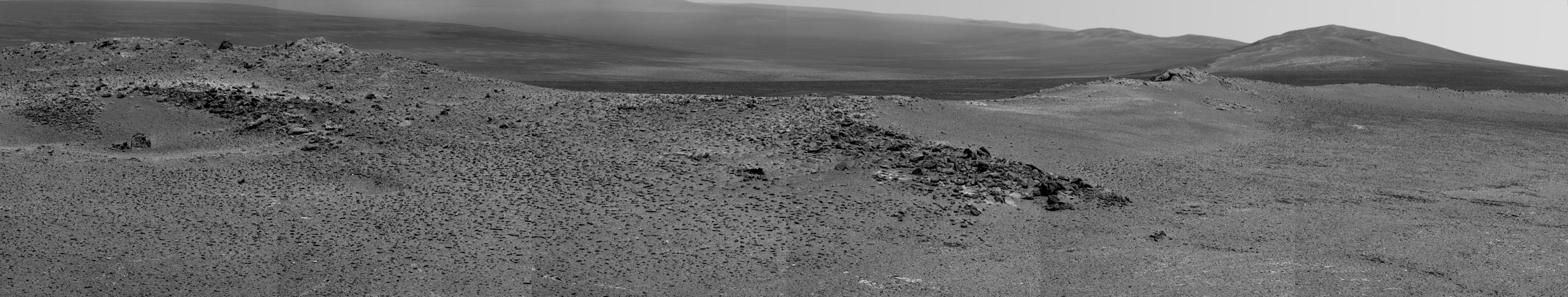 NASA's Mars Exploration Rover Opportunity used its panoramic camera (Pancam) to record this view of the rise in the foreground, called "Nobbys Head."