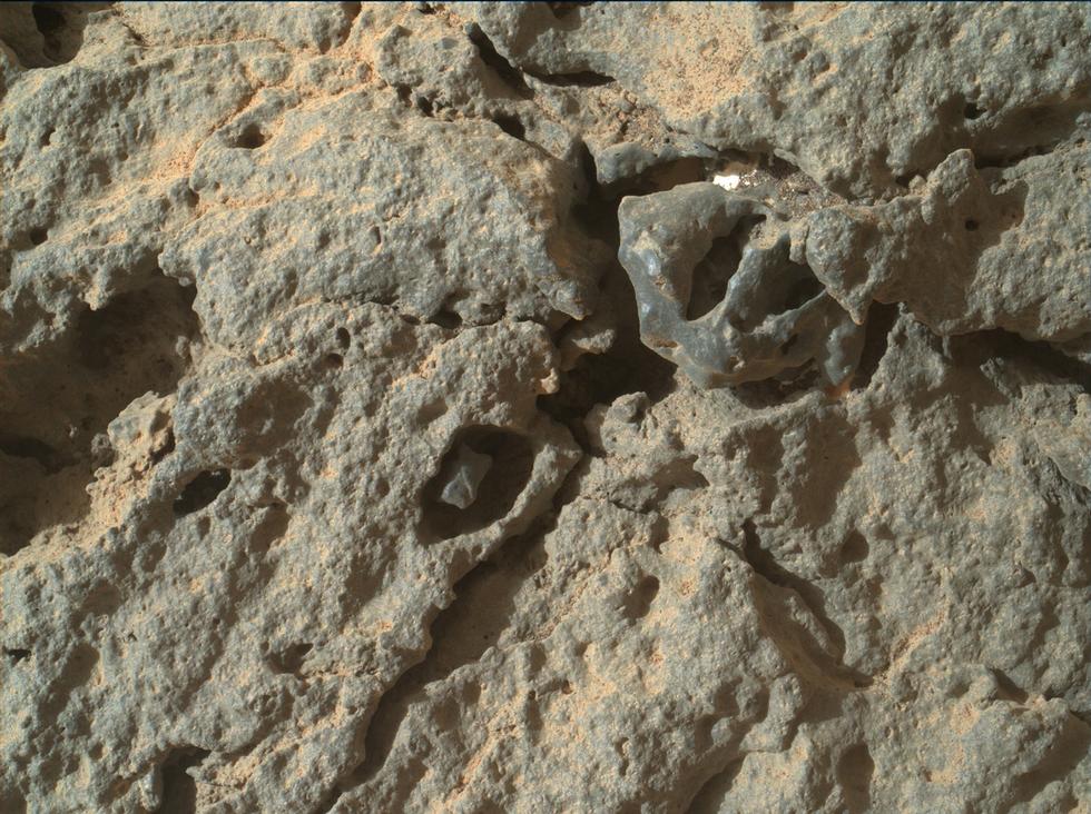 The Mars Hand Lens Imager (MAHLI) on the arm of NASA's Mars rover Curiosity was positioned about 4 inches (10 centimeters) from the surface of the "Point Lake" outcrop when it took this image of a portion of the outcrop's steep face.
