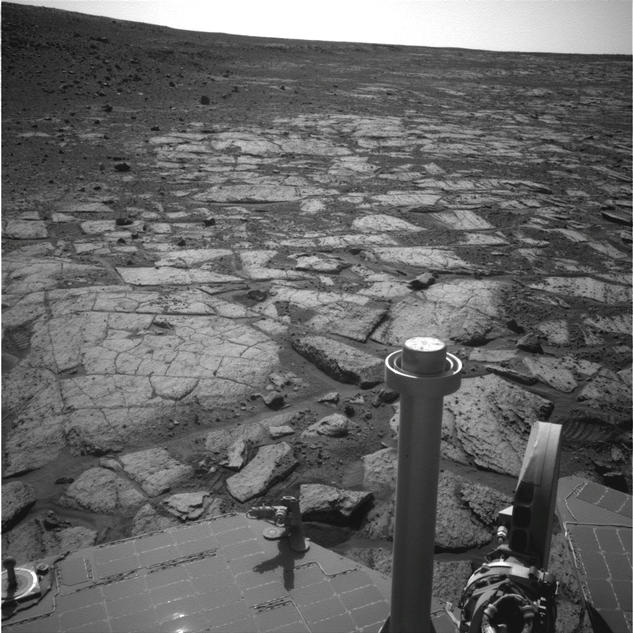 NASA's Mars Exploration Rover Opportunity used its navigation camera (Navcam) to record this image of the northern end of "Solander Point," a raised section of the western rim of Endeavour Crater.
