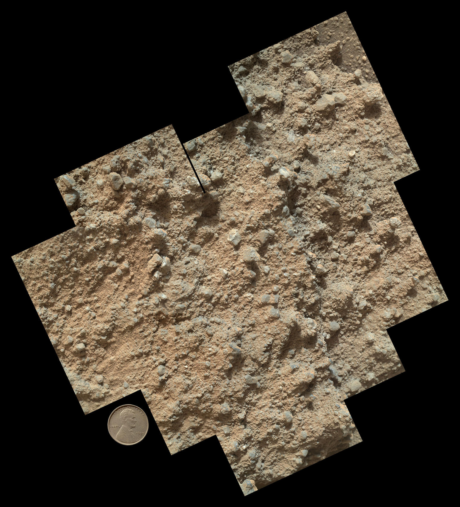 This mosaic of nine images, taken by the Mars Hand Lens Imager (MAHLI) camera on NASA's Mars rover Curiosity, shows detailed texture in a conglomerate rock bearing small pebbles and sand-size particles.