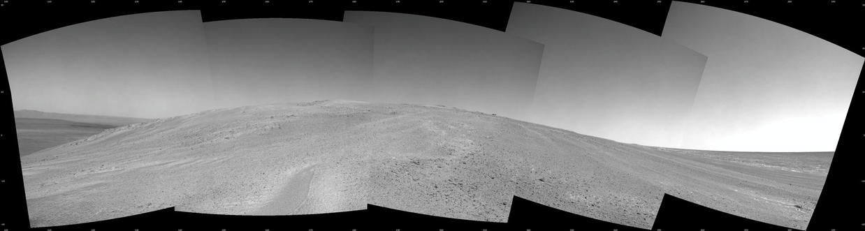 NASA's Mars Exploration Rover Opportunity captured this southward uphill view after beginning to ascend the northwestern slope of "Solander Point" on the western rim of Endeavour Crater.