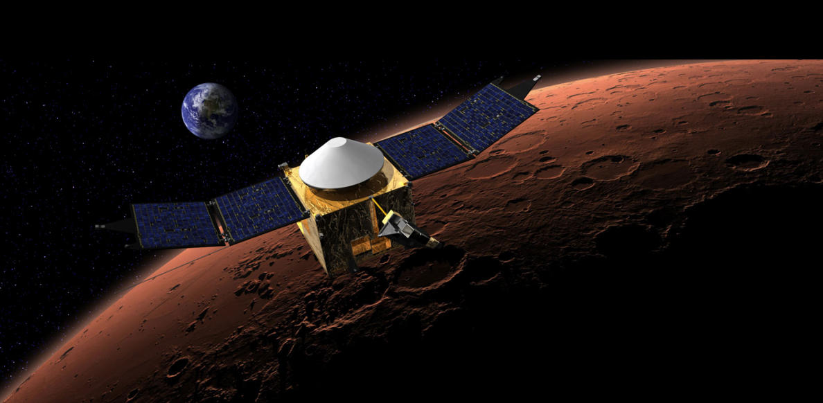 This artist's concept shows the MAVEN spacecraft in orbit around the Red Planet, with a fanciful image of her home planet in the background.