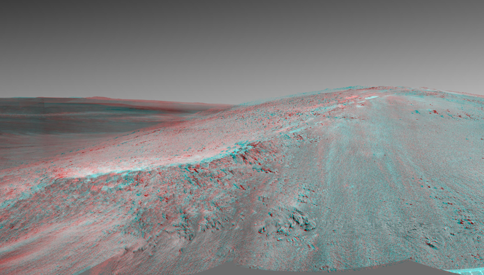 This stereo view shows the "Murray Ridge" portion of the western rim of Endeavour Crater on Mars. It appears three-dimensional when seen through blue-red glasses with the red lens on the left.