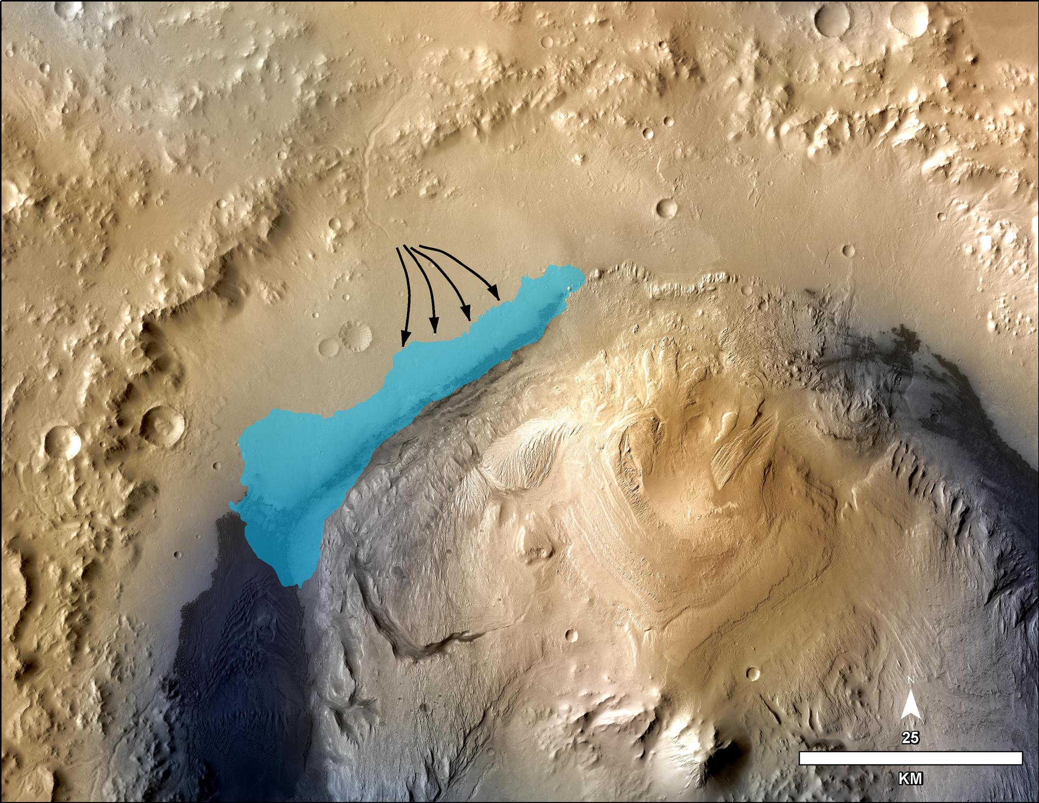 This illustration depicts a concept for the possible extent of an ancient lake inside Gale Crater.