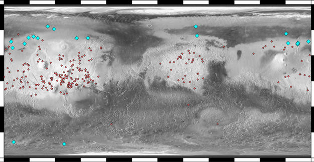 This map of Mars indicates locations of new craters that have excavated ice (blue) and those that have not (red). The underlying map is based on the brightness, or albedo, of the Martian surface.