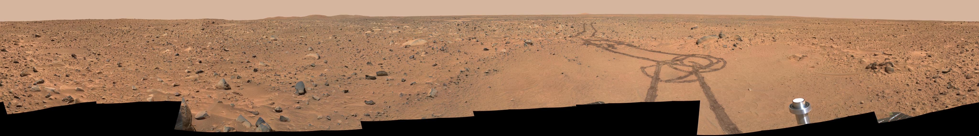 This view captured by Spirit called "Legacy" panorama, combines images taken between the landing site and the rim of "Bonnevile Crater."